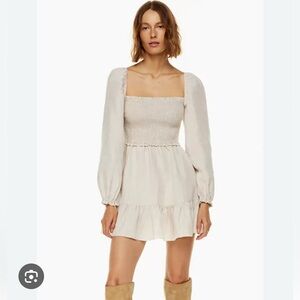 Cream Smocked Linen Long Sleeve Dress